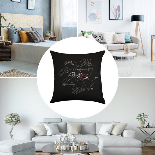 Stray Kids OT8 - Logo with Signatures (black) Linen Throw Pillow Cover