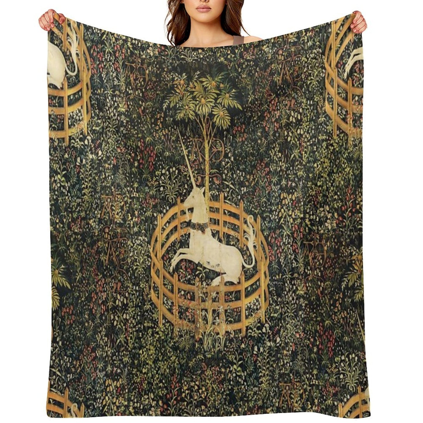 UNICORN IN CAPTIVITY AND GOTHIC FANTASY FLOWERS, GREEN FLORAL MOTIFS Throw Blanket