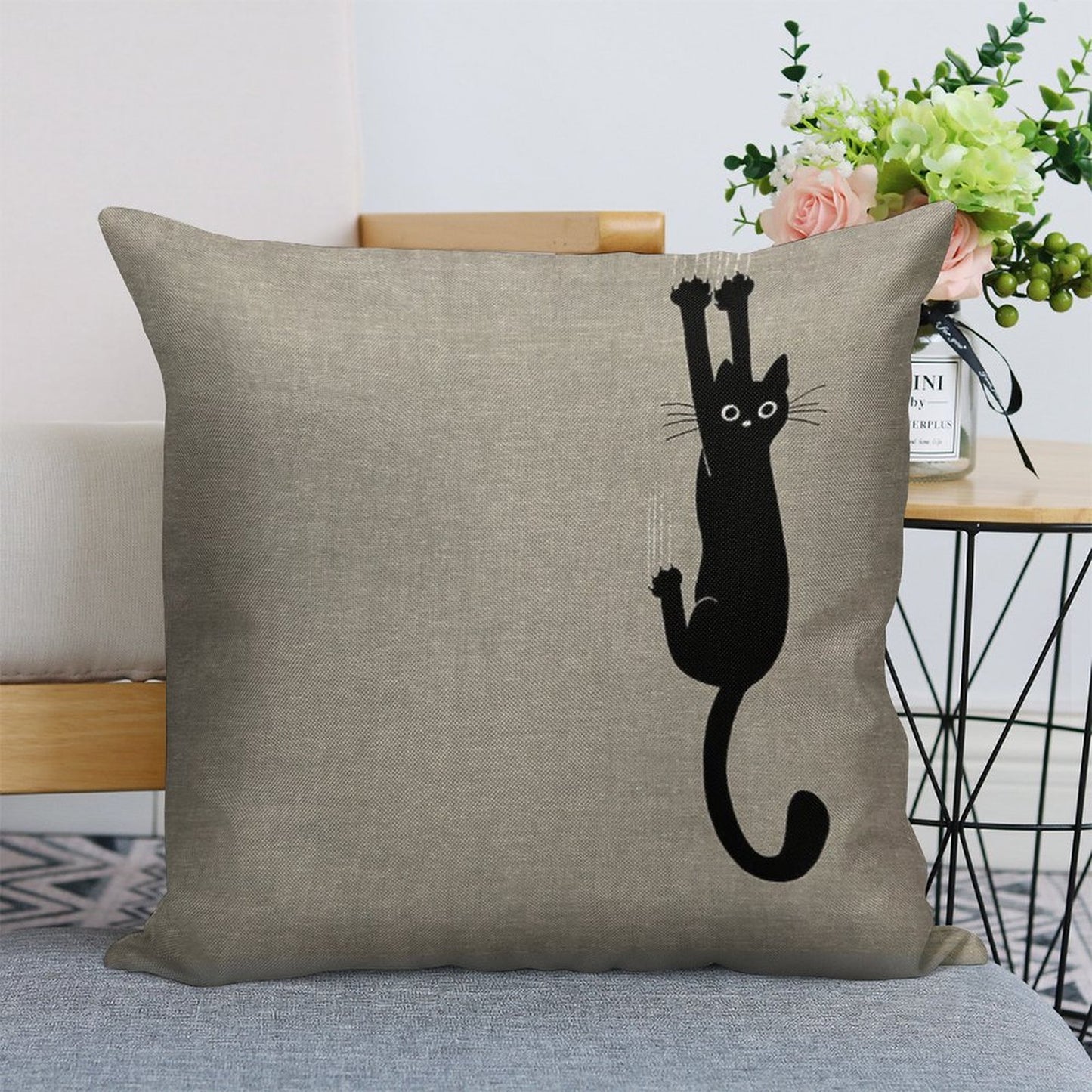 Black Cat Holding On Linen Throw Pillow Cover