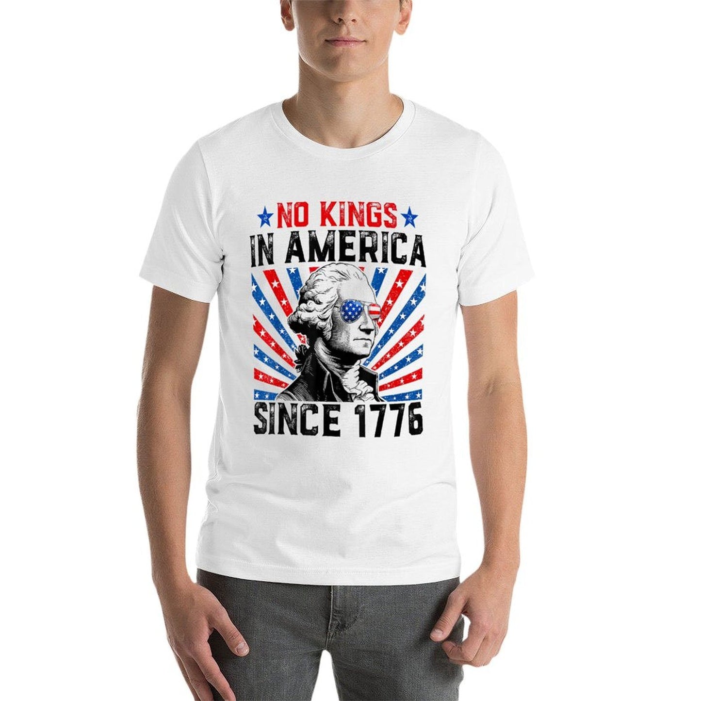No Kings in America Since 1776 Distressed USA Vintage Ribbed Collar T-Shirt