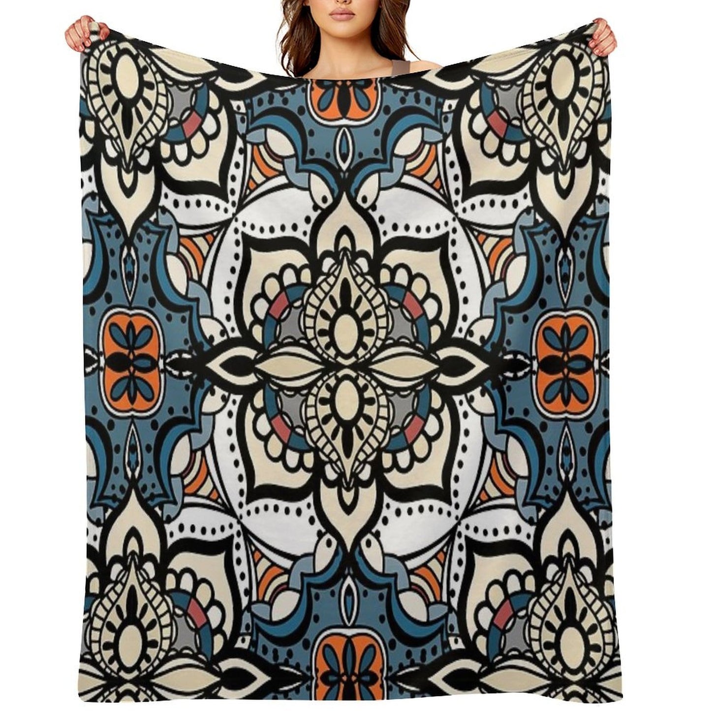Abstract Renaissance Geometrical Flowers, Mosaic Floral Fantasy Pattern Throw Blanket
