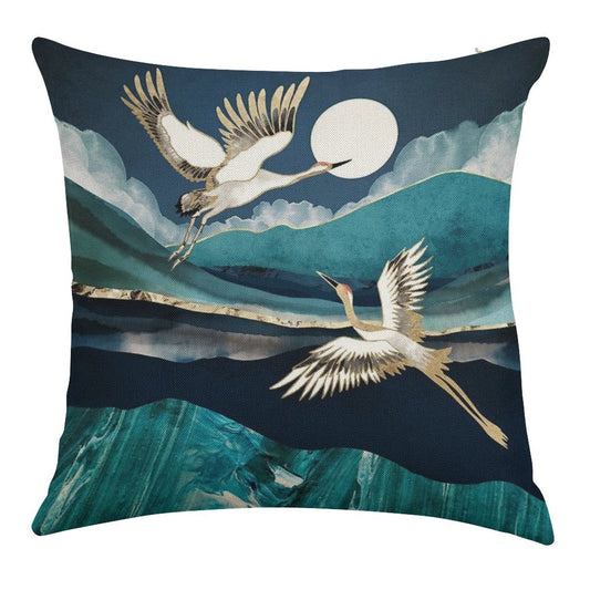 Midnight Cranes Linen Throw Pillow Cover