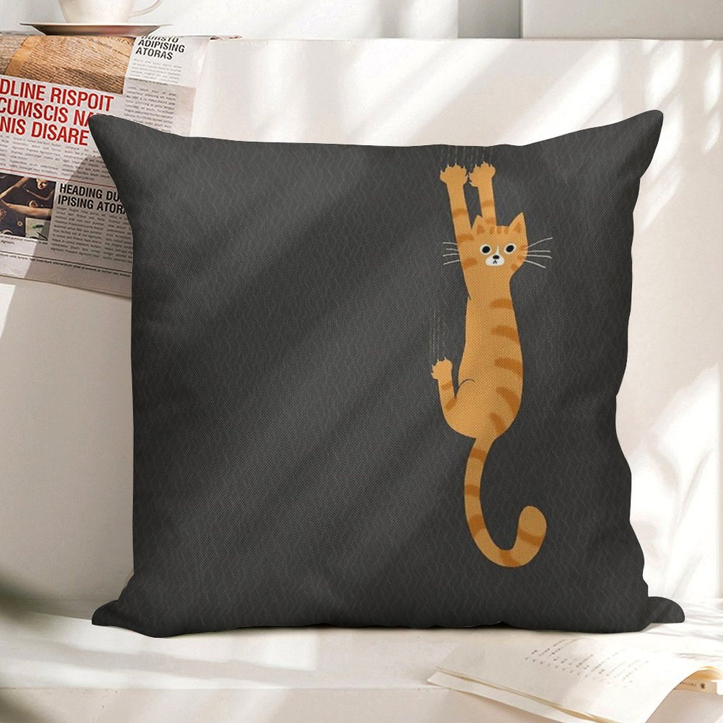 Orange Tabby Cat Hanging On  Funny Striped Cat Linen Throw Pillow Cover