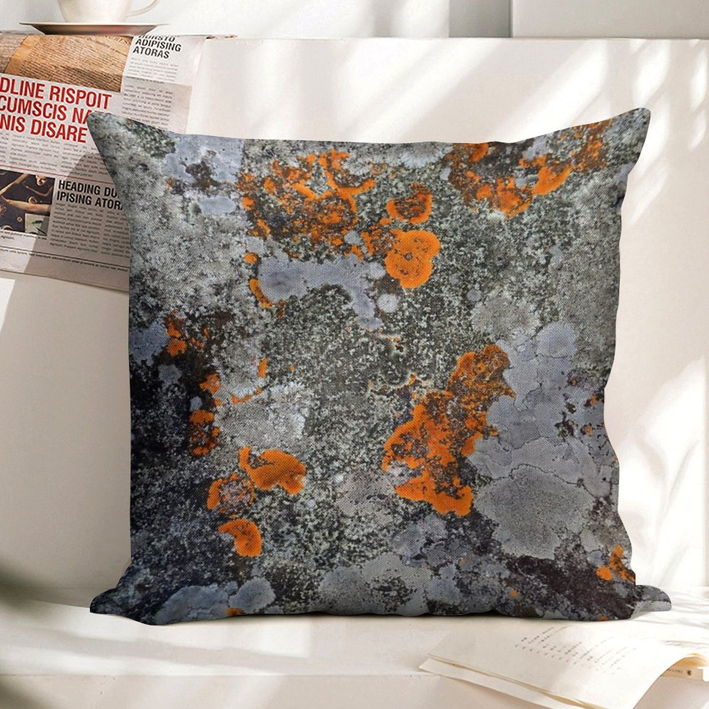 Orange And Grey Lichen Linen Throw Pillow Cover