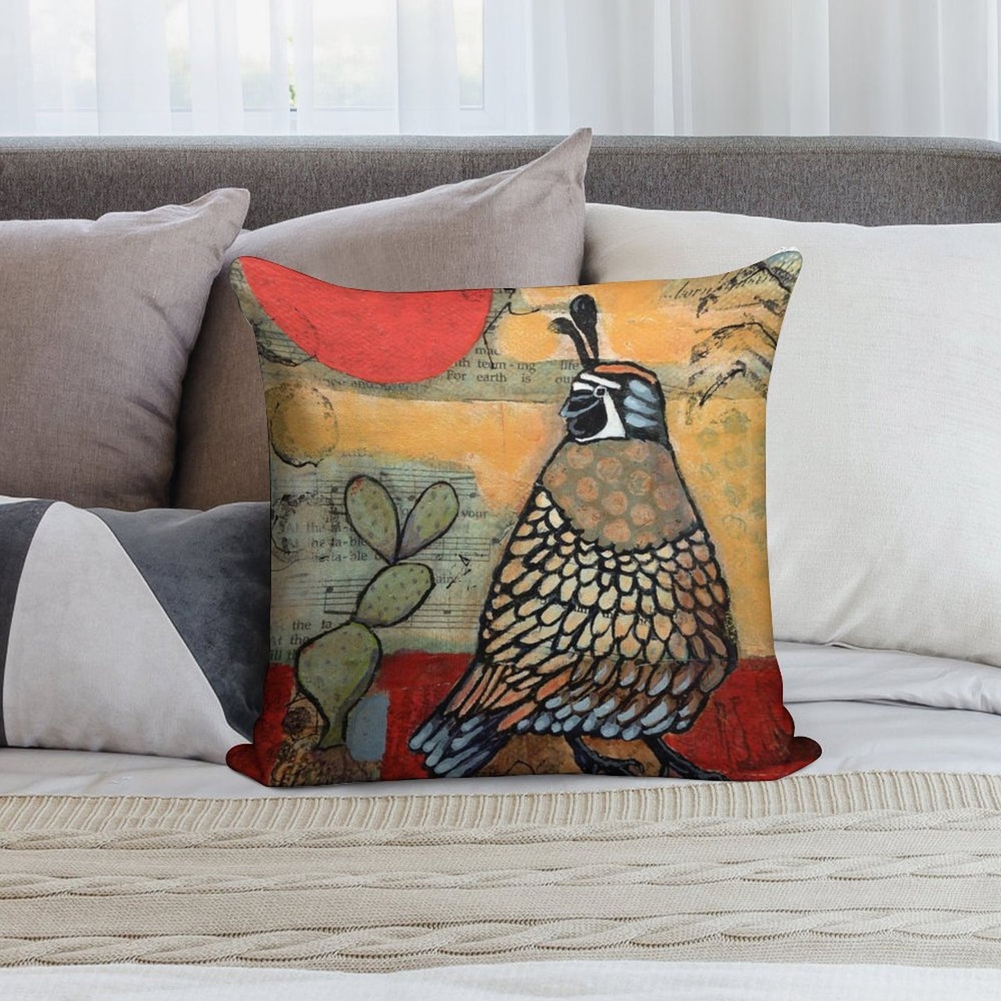 Desert Quail Red Sun Cactus Soft Warmth Comfort Throw Pillow