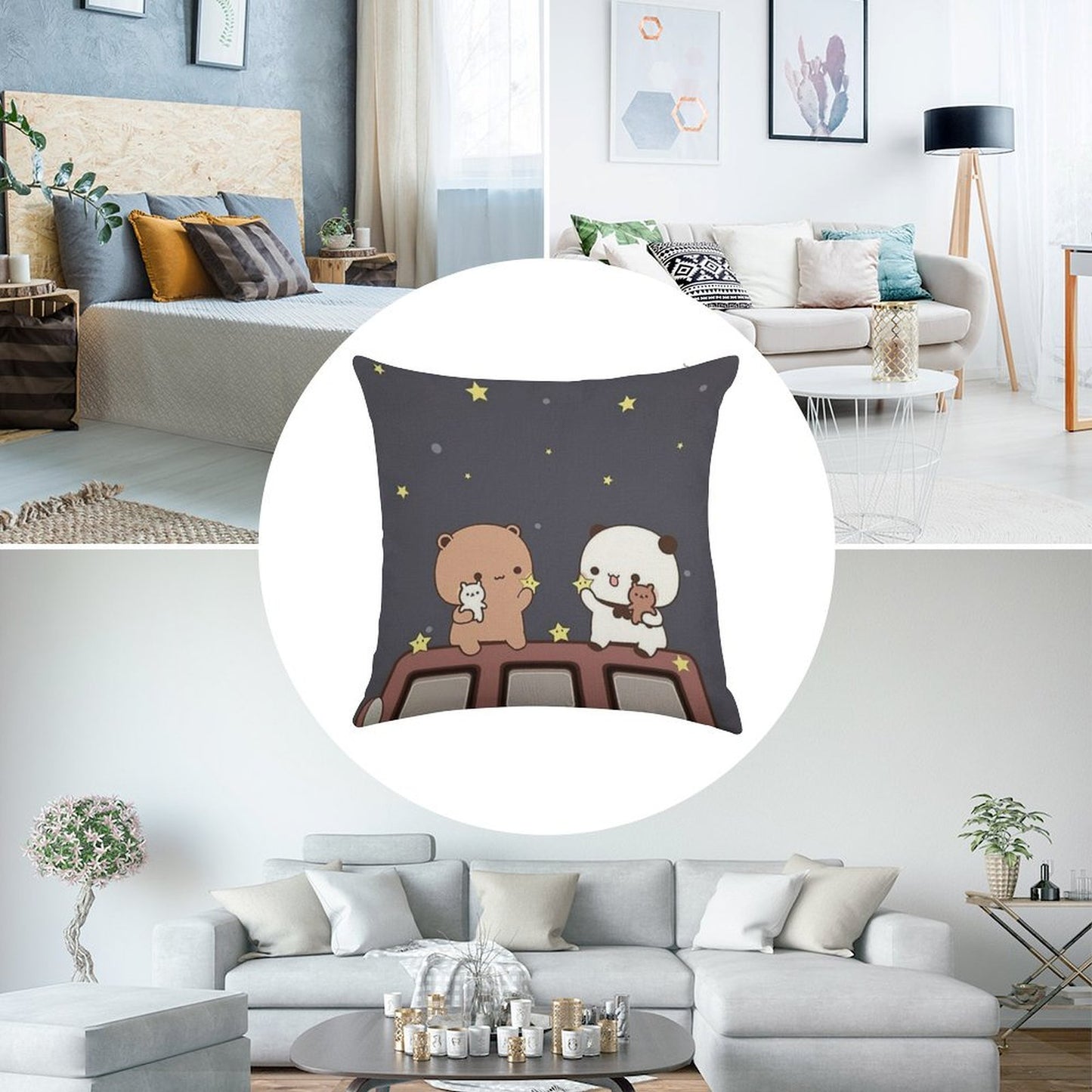 Bubu And Dudu Watching The Moon Together Linen Throw Pillow Cover