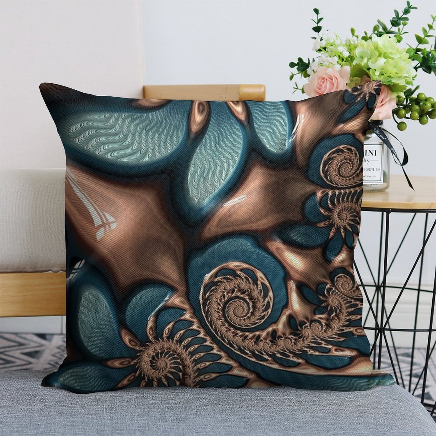 Teal And Chocolate Swirl - Blue Brown Fractal Spirals Linen Throw Pillow Cover