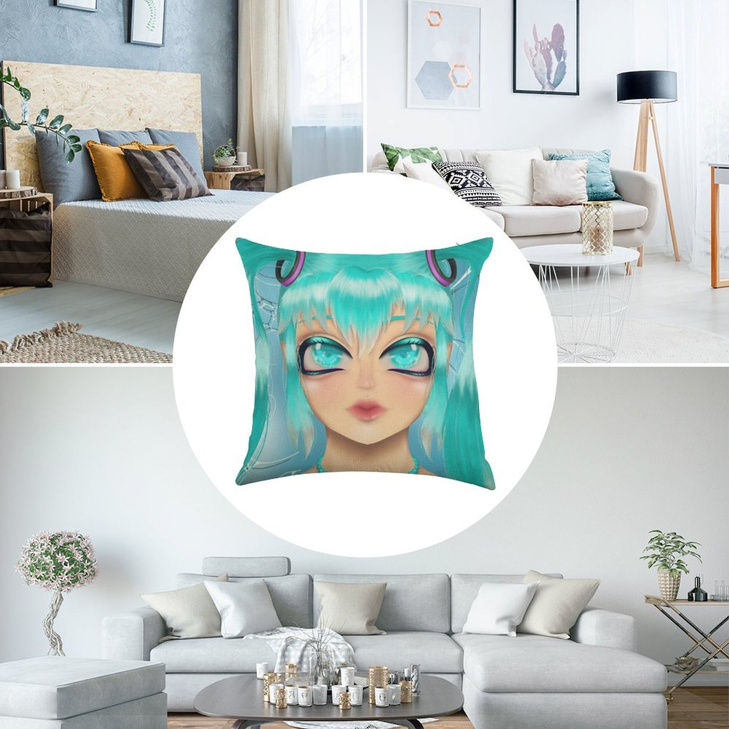 Hatsune Miku Deep Sea Lily Print Linen Throw Pillow Cover