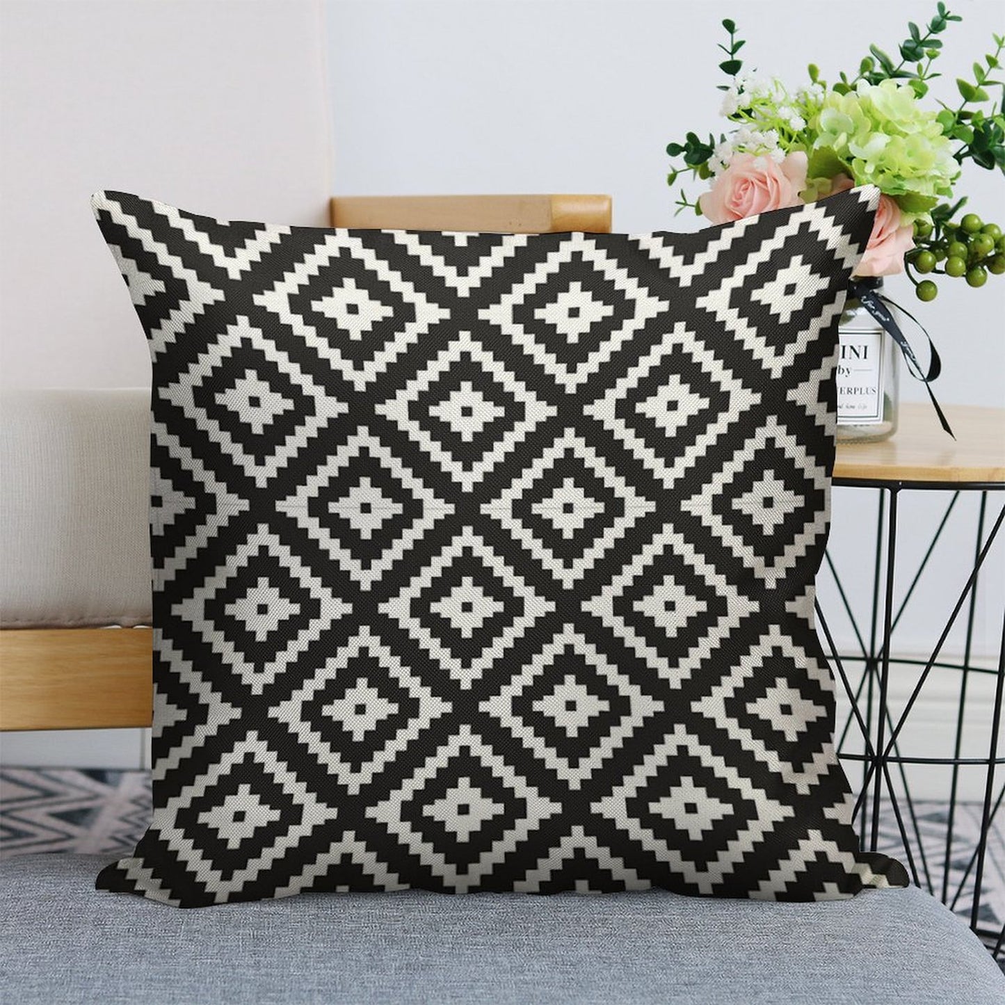 Aztec - White on Black Linen Throw Pillow Cover