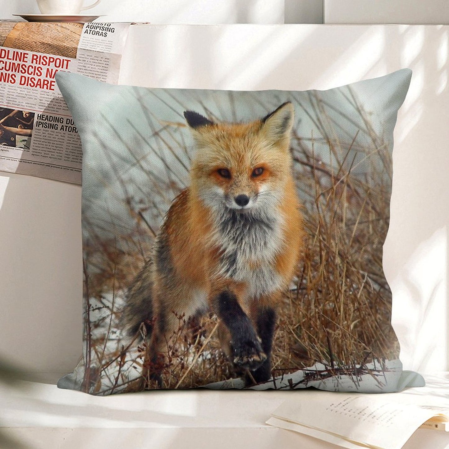Red Fox Linen Throw Pillow Cover