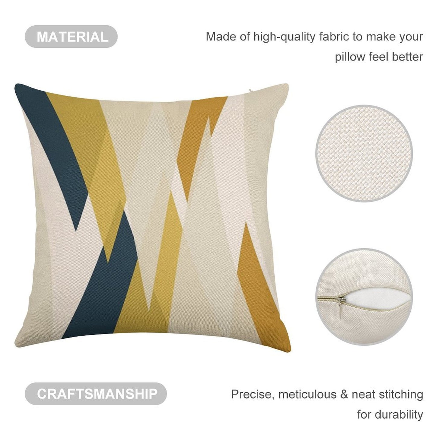 Triangular Abstract in Mustard Yellows, Navy Blue, And Blush Tones. Minimalist Geometric Linen Throw Pillow Cover
