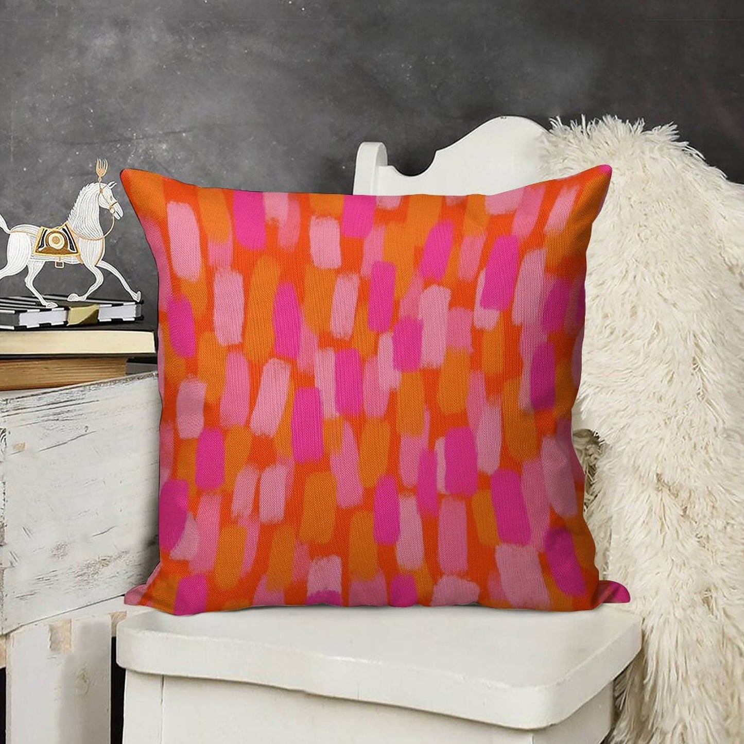 Abstract, Pink And Orange, Paint Brush Effect Linen Throw Pillow Cover