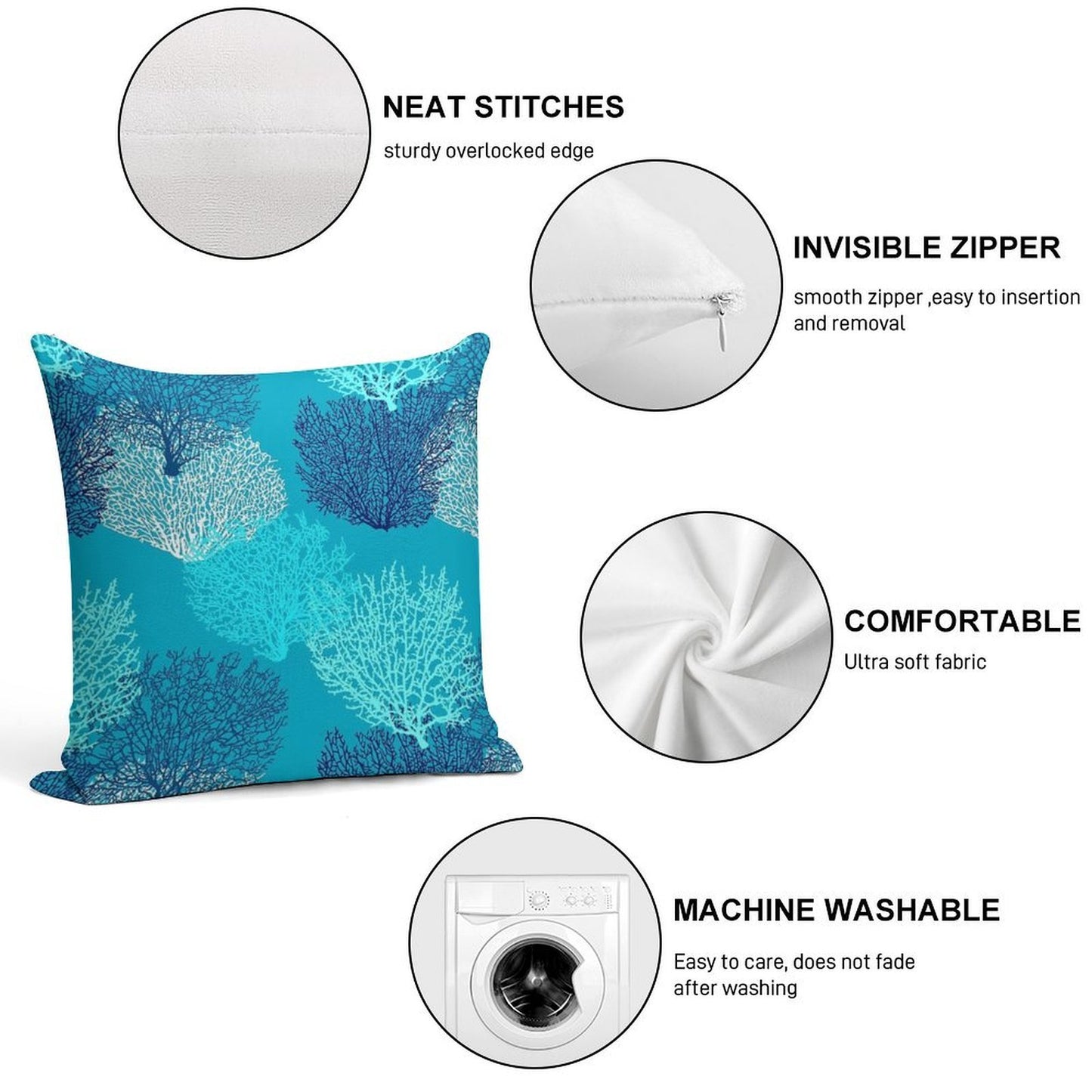 Fan Coral Print, Turquoise, Aqua And Cobalt Blue Soft Durable Construction Throw Pillow