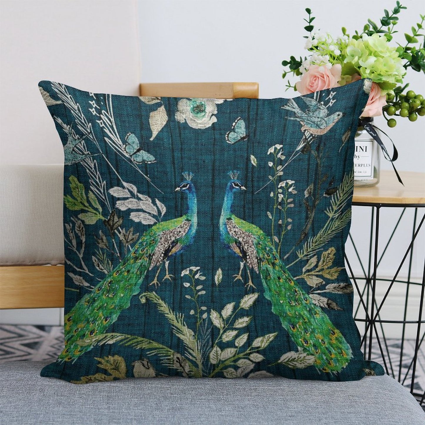 Peacock Chinoiserie (teal) Linen Throw Pillow Cover