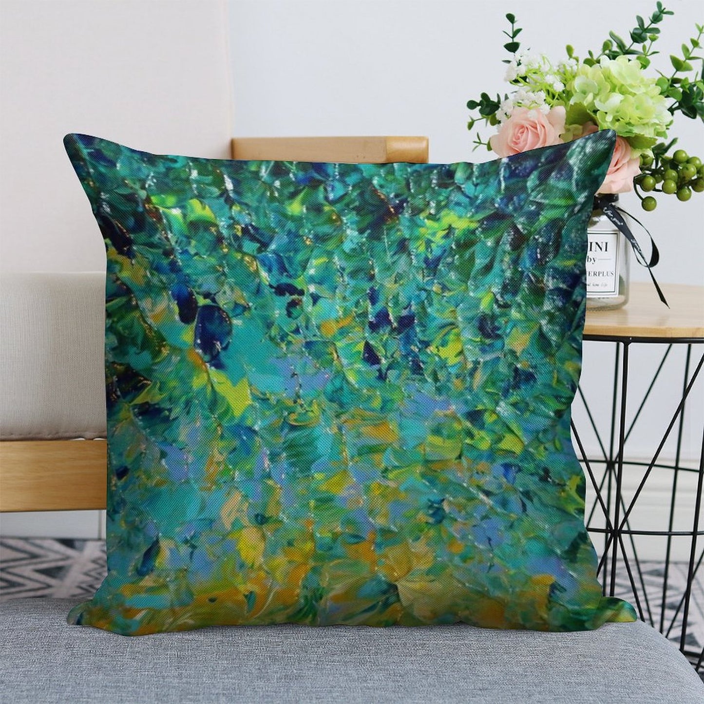 BEAUTY BENEATH THE SURFACE - Stunning Lake Ocean River Water Nature Green Blue Teal Yellow Aqua Abstract Linen Throw Pillow Cover