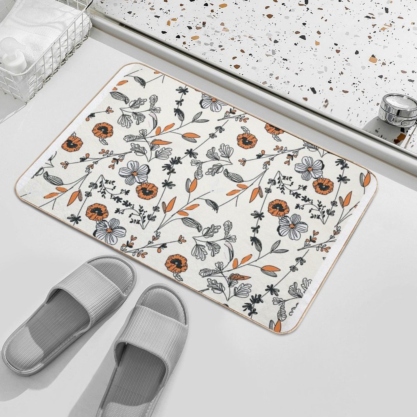 Orange Flower Pattern Stain-Proof Bath Mat