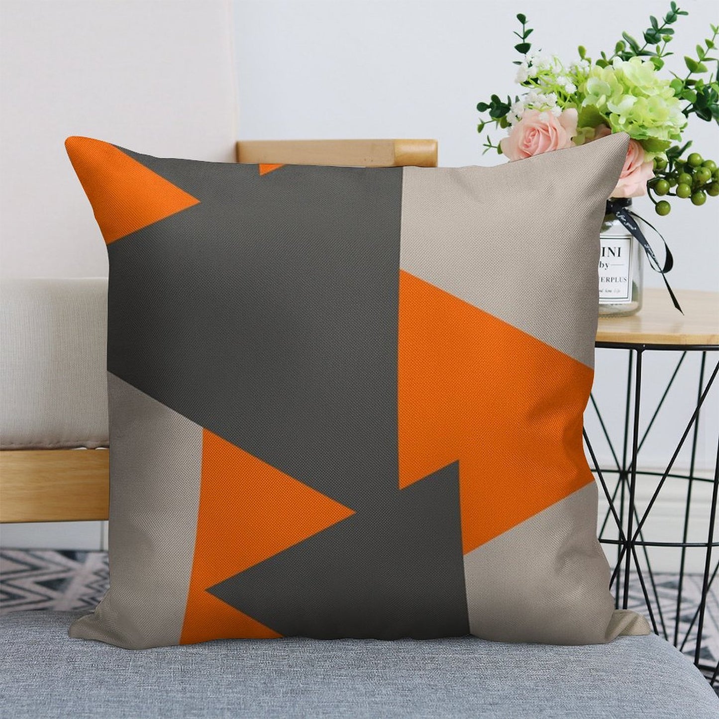 Orange And Grey Triangles Linen Throw Pillow Cover