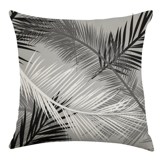 Palm Leaf Print, Gray, Black And White Linen Throw Pillow Cover