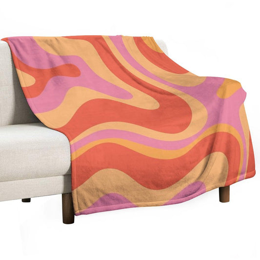 Modern Retro Liquid Swirl Abstract Pattern Square in Vintage Pink And Orange Throw Blanket