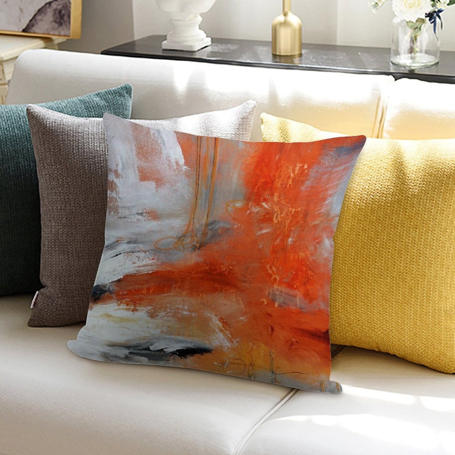 Red Orange Abstract Print Soft Luxury Feel Throw Pillow