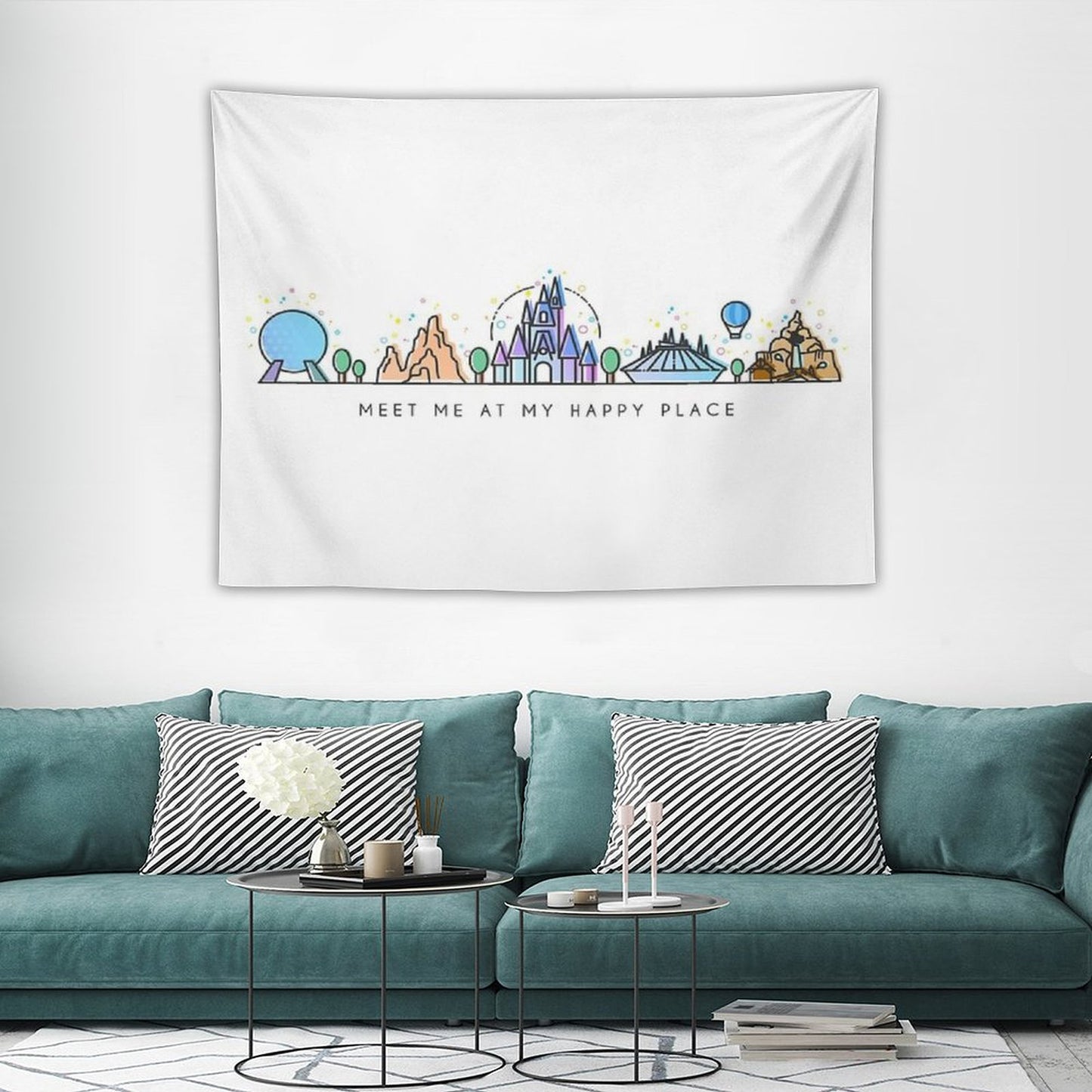 Meet Me at My Happy Place Vector Orlando Theme Park Illustration Design Tapestry