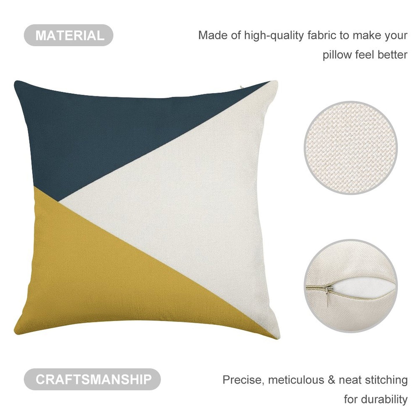 Angled Color Block in Navy Blue, Light Mustard Yellow, And White Linen Throw Pillow Cover