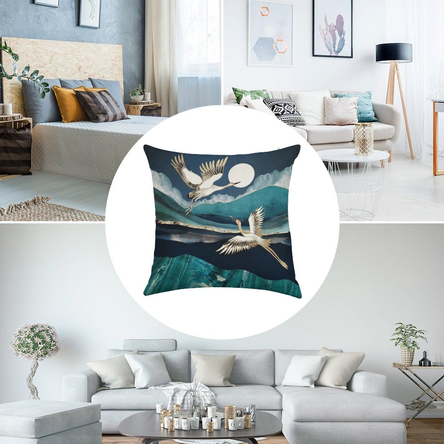 Midnight Cranes Linen Throw Pillow Cover