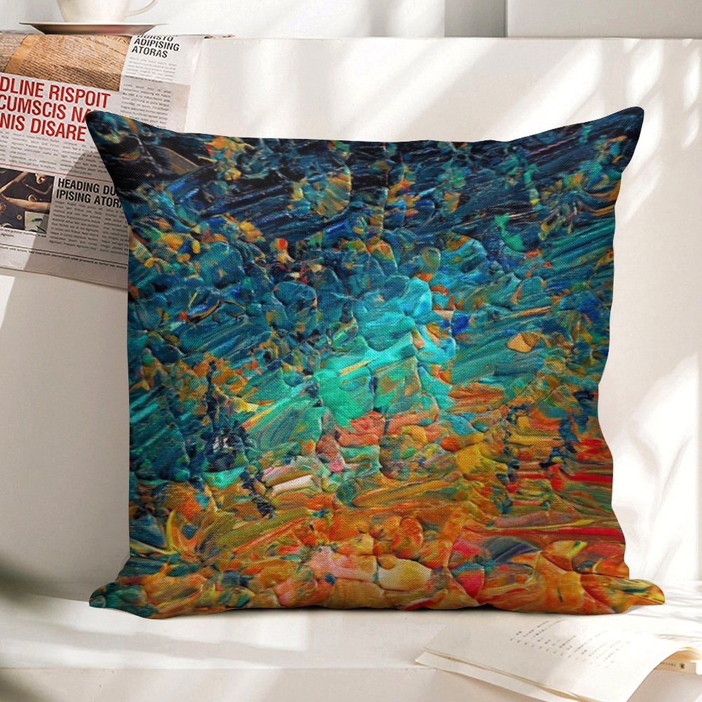 ETERNAL TIDE 2 Bold Rainbow Colorful Deep BlueTurquoise Aqua Orange Yellow Ombre Waves Abstract Acrylic Painting Linen Throw Pillow Cover