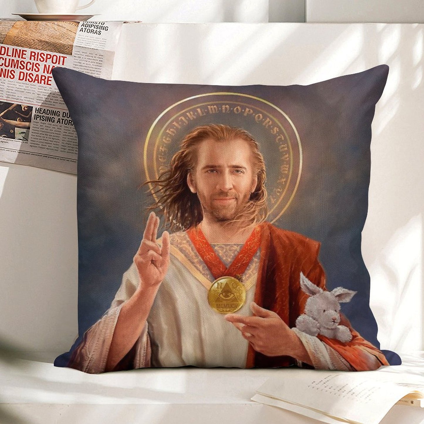 Nicolas Cage, Saint Nicolas of Cage, Nic Cage Original Religious Painting Linen Throw Pillow Cover