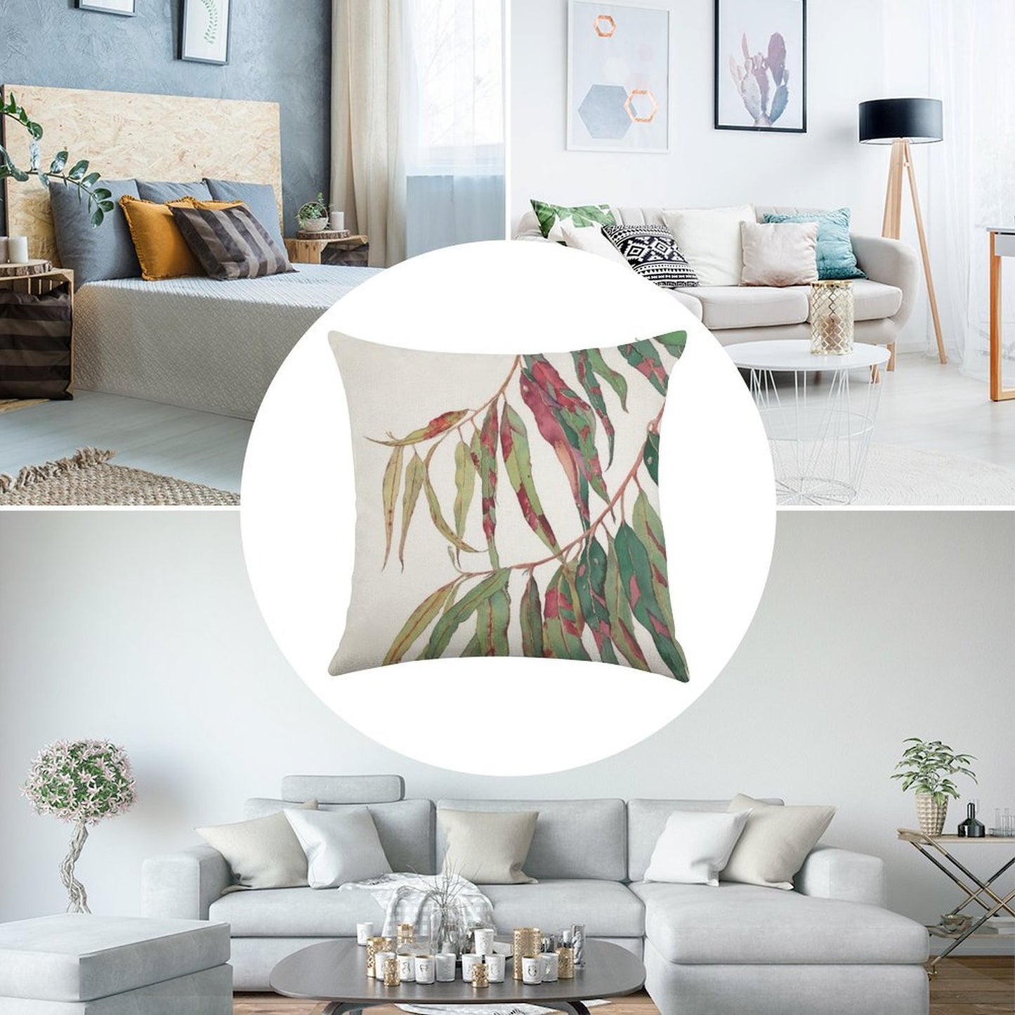 A Touch of Red - Watercolour of Eucalyptus Branch Linen Throw Pillow Cover