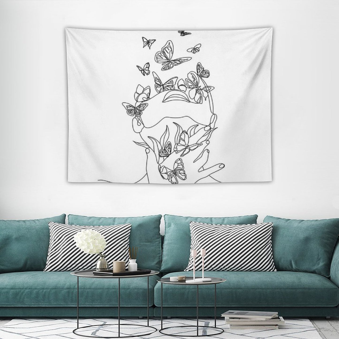 Abstract Face with Butterfly by One Line Drawing. Portrait Minimalistic Style. Botanical Print. Nature Symbol of Cosmetics. Mod Tapestry