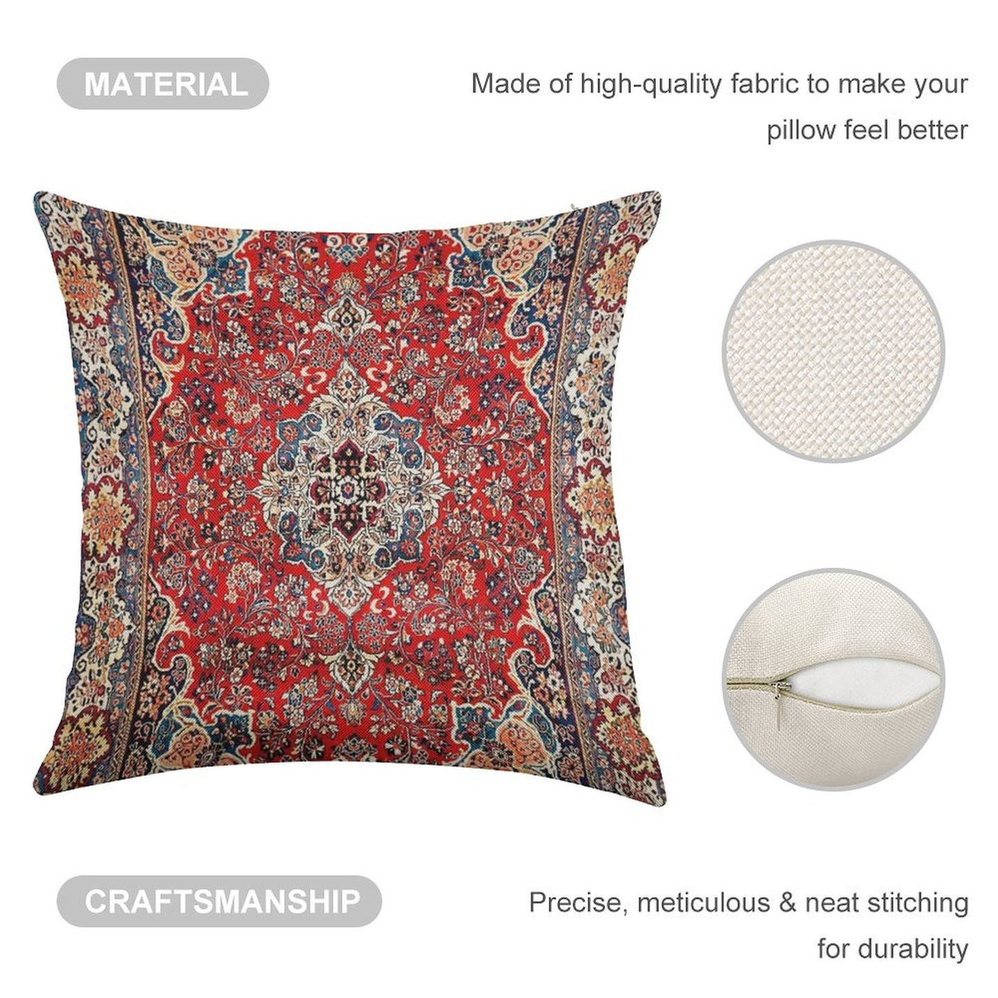 Red Blue Sarouk Persian Carpet Print Linen Throw Pillow Cover