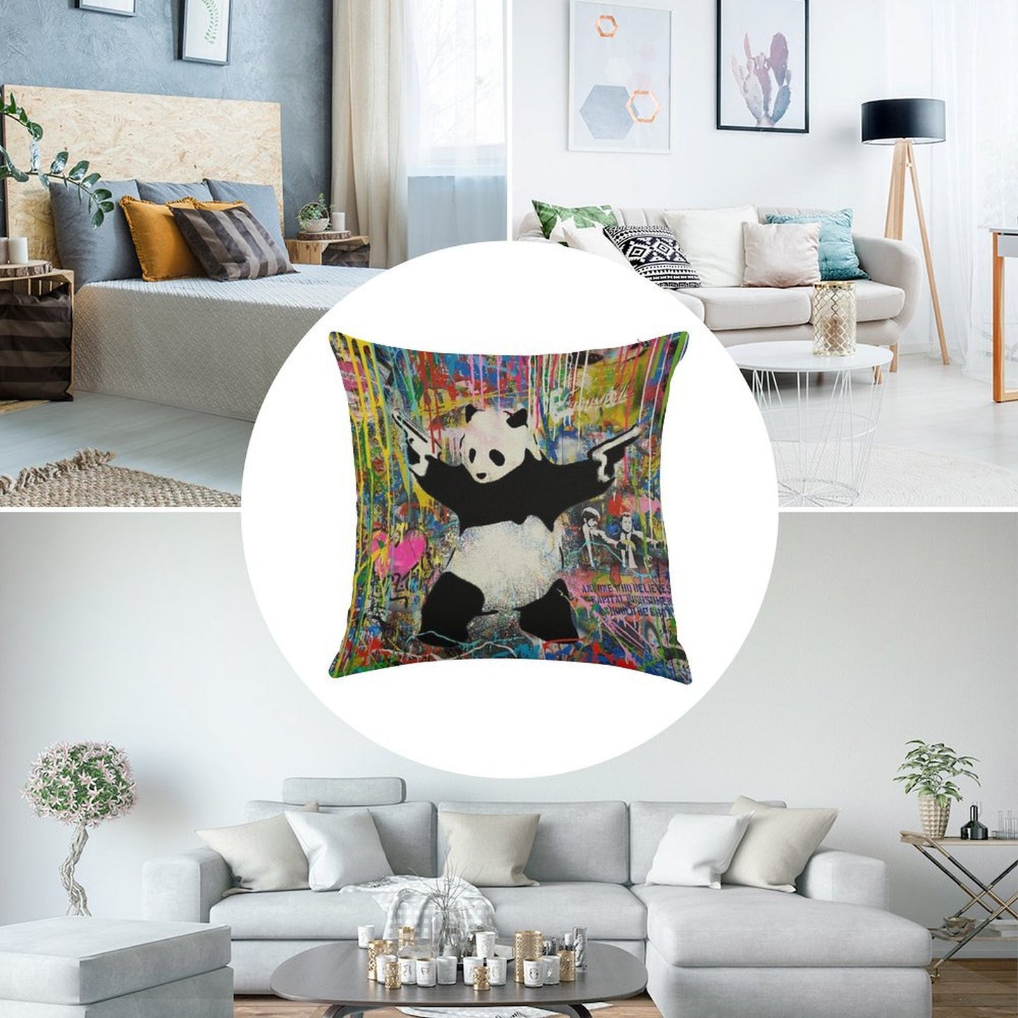 Panda With Guns Stick Em Up - Pop Street Art Banksy Linen Throw Pillow Cover