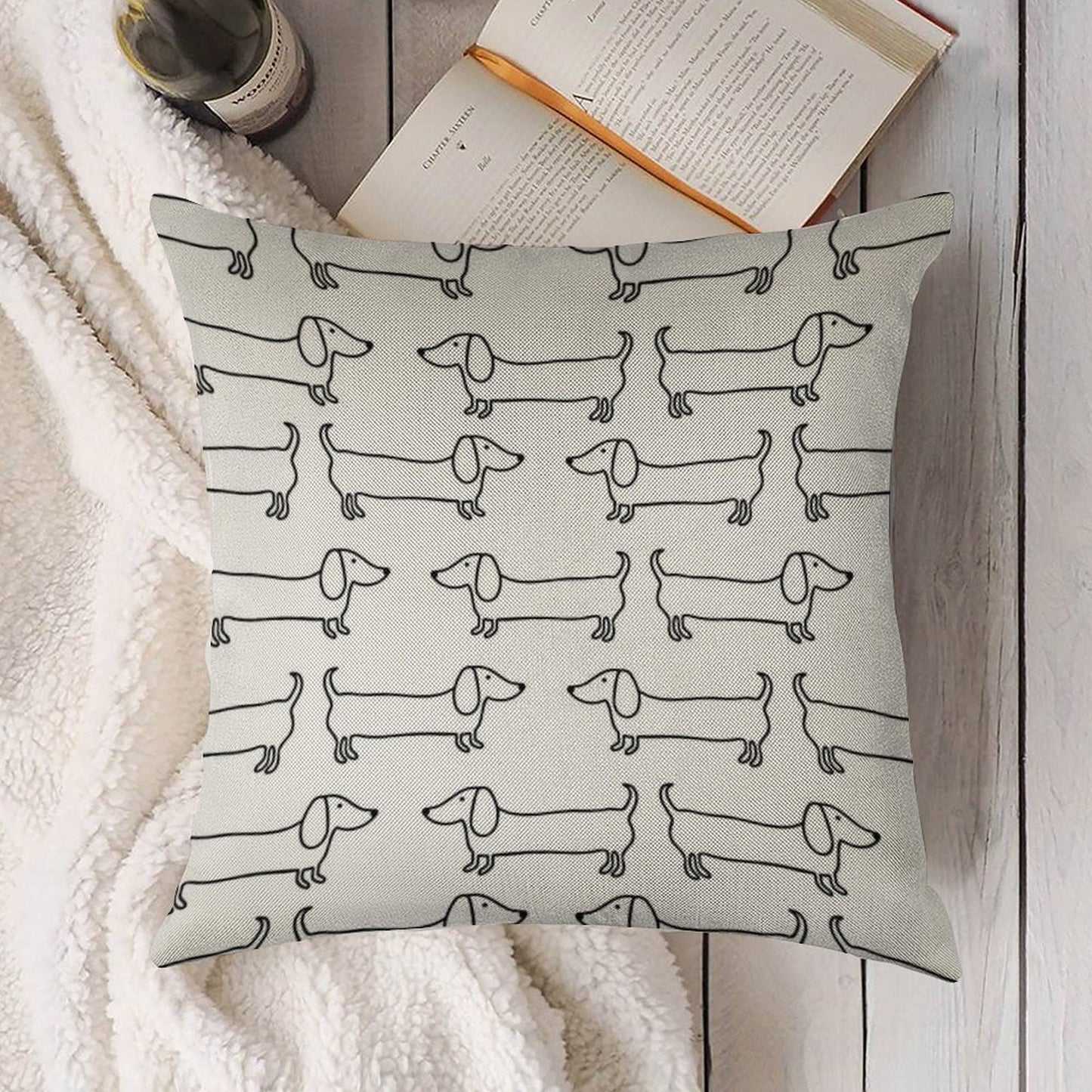Dachshund in Black-white Linen Throw Pillow Cover