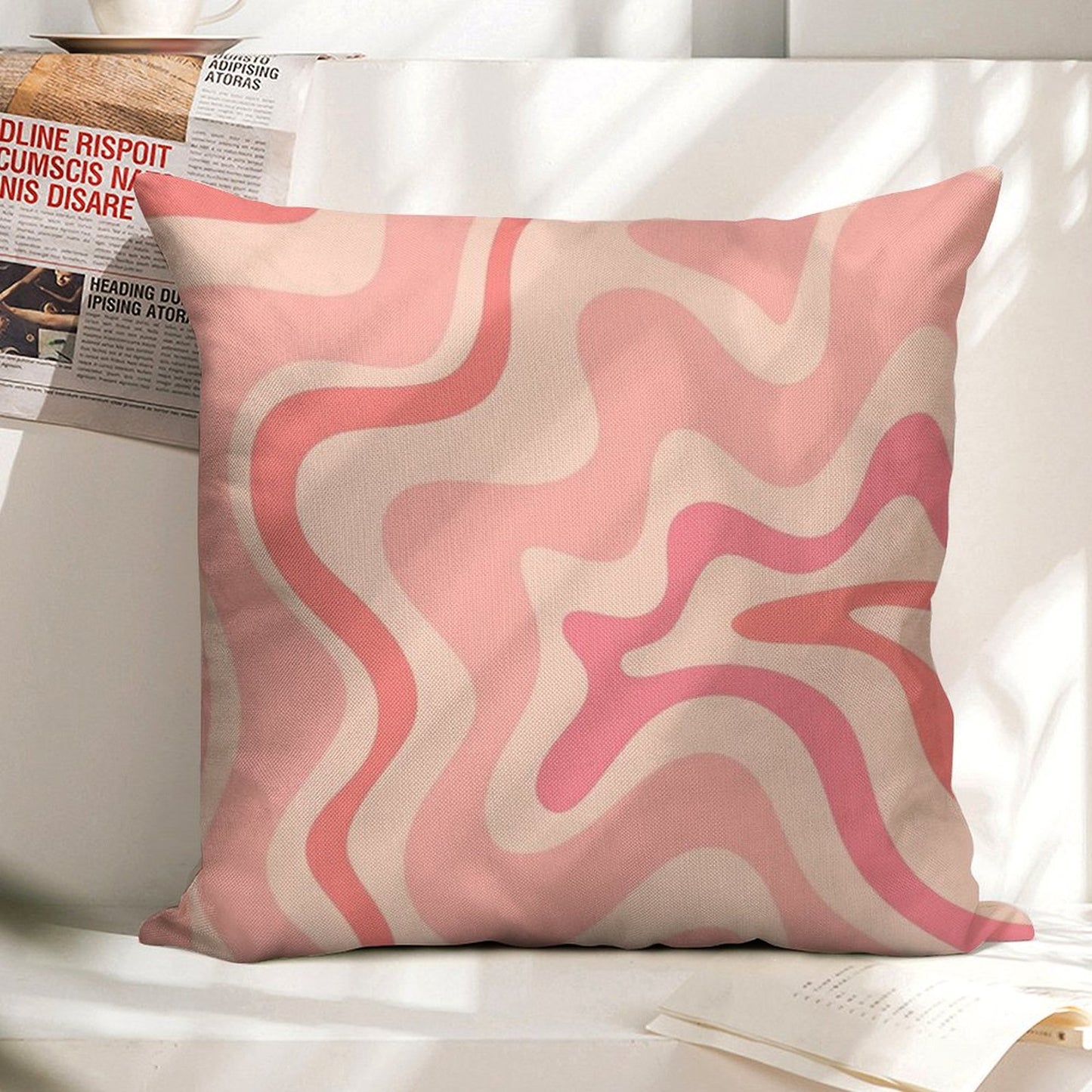 Liquid Swirl Retro Contemporary Abstract in Soft Blush Pink Linen Throw Pillow Cover