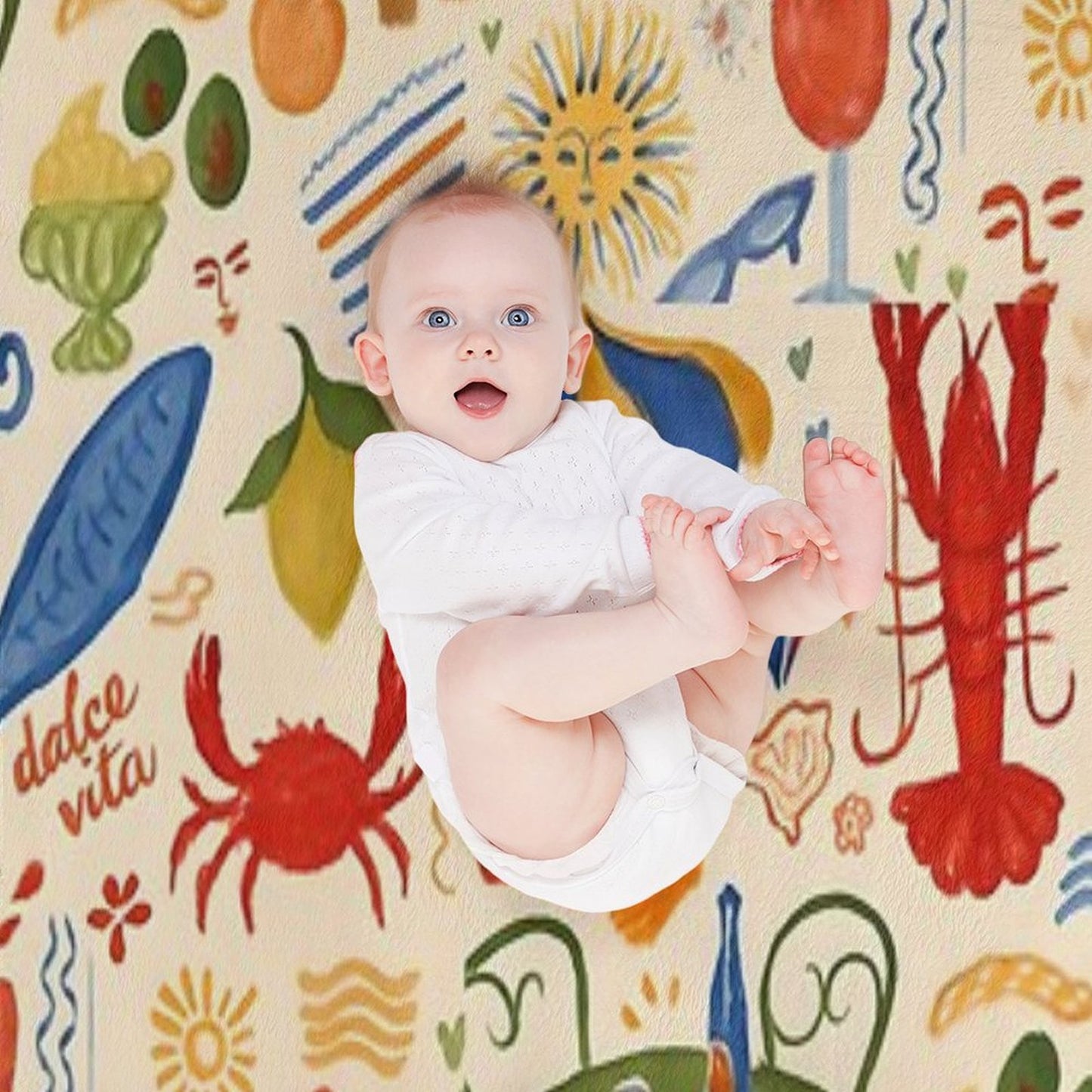 A Dolce Vita – Italian Summer Pattern with Seafood & Sun Throw Blanket