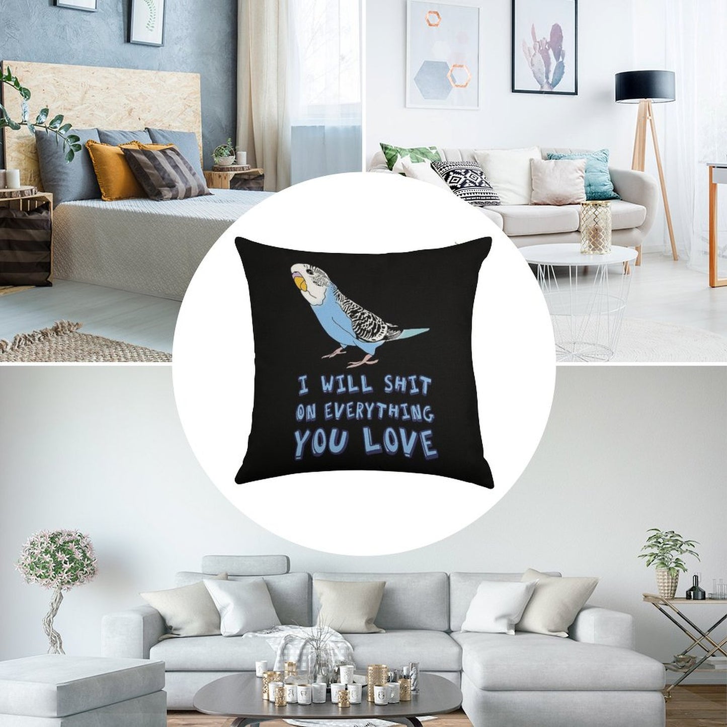 I Will Shit on Everything You Love - Blue Budgie Linen Throw Pillow Cover