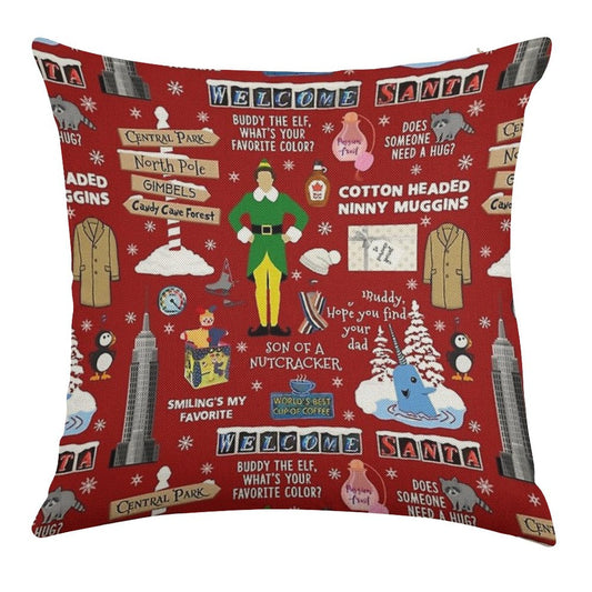 Buddy The Elf Collage, Red Background Linen Throw Pillow Cover