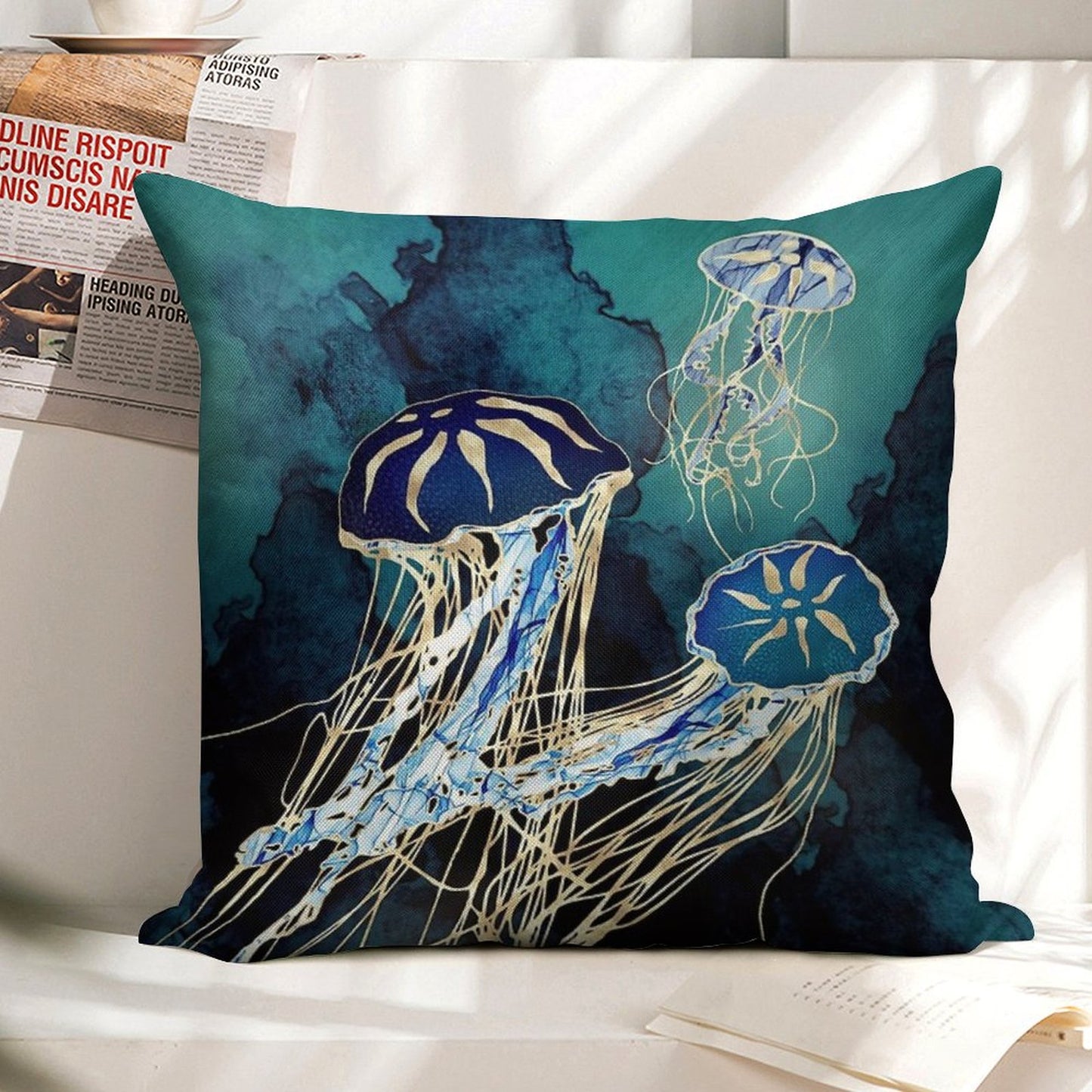 Metallic Jellyfish III Linen Throw Pillow Cover