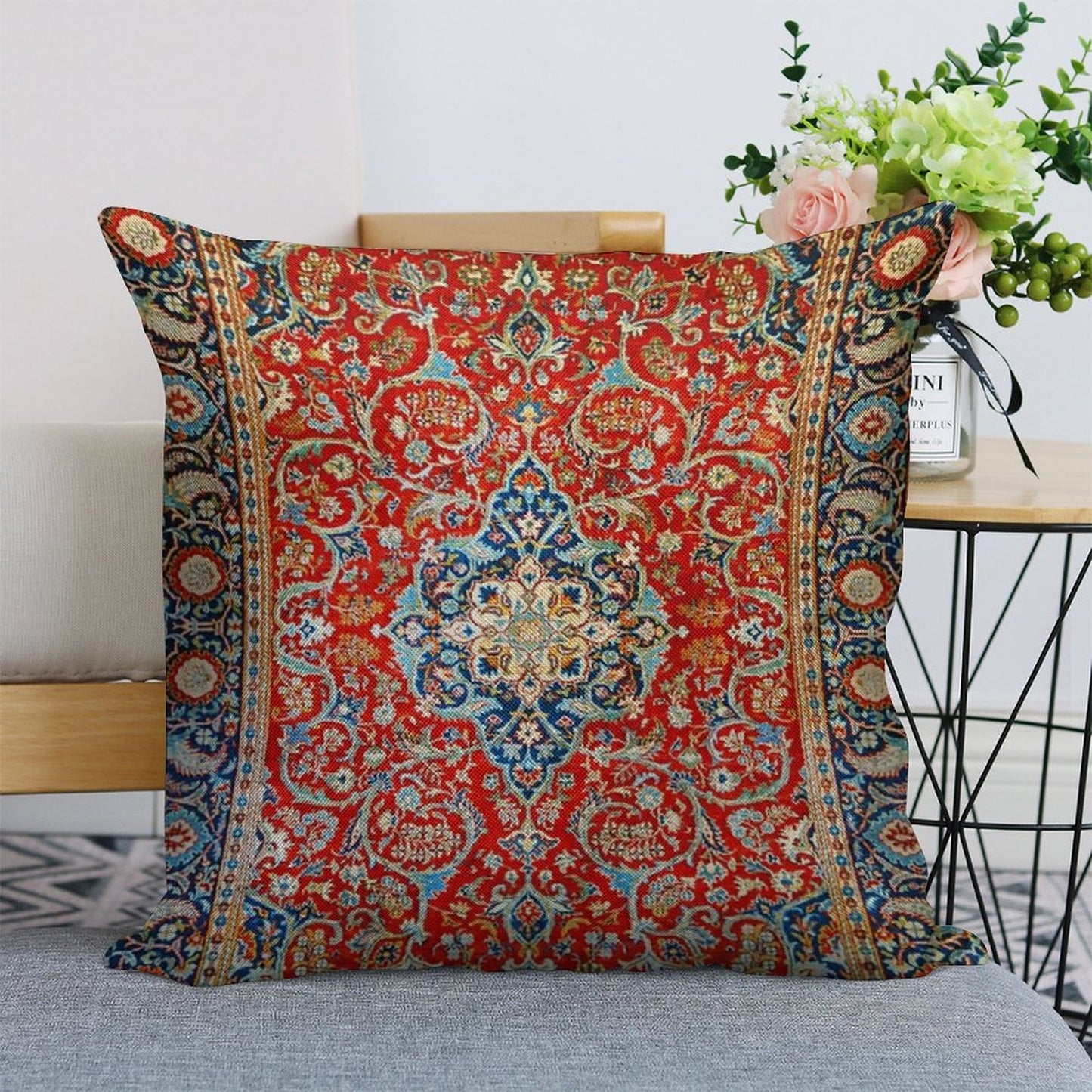Red Blue Antique Floral Persian Carpet Print Linen Throw Pillow Cover