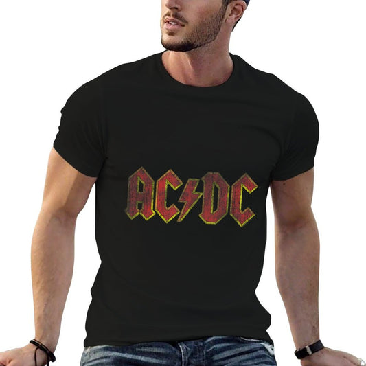 ACDC Distressed Red Logo Rock Music Band Ribbed Collar T-Shirt
