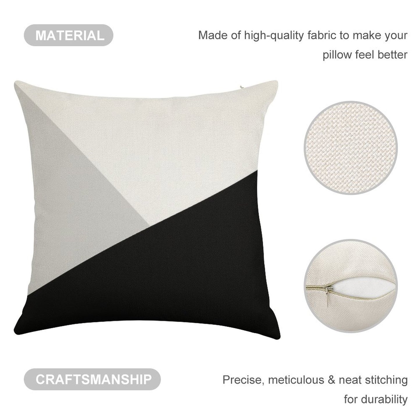 Monochromatic Black White Gray Color Block Linen Throw Pillow Cover