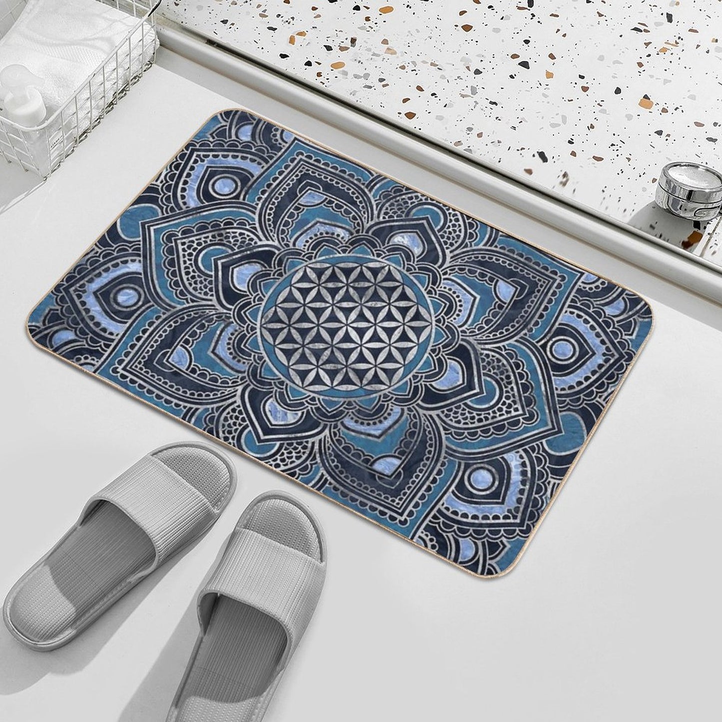 Flower of Life in Lotus Mandala - Blue Crystal And Silver Bath Mat