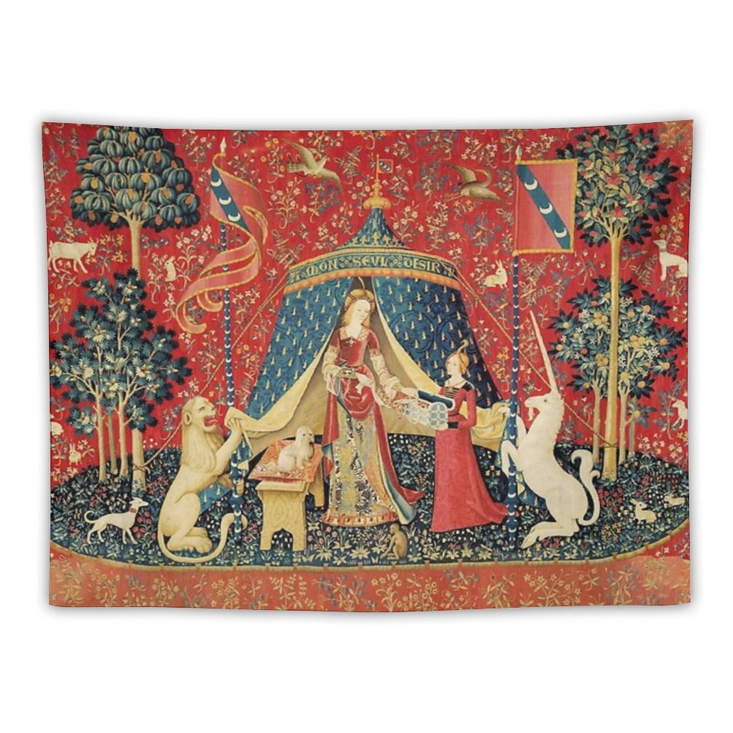 LADY AND THE UNICORN DESIRE ,Lion,Fantasy Flowers,Animals,Red Green Floral Tapestry Tapestry