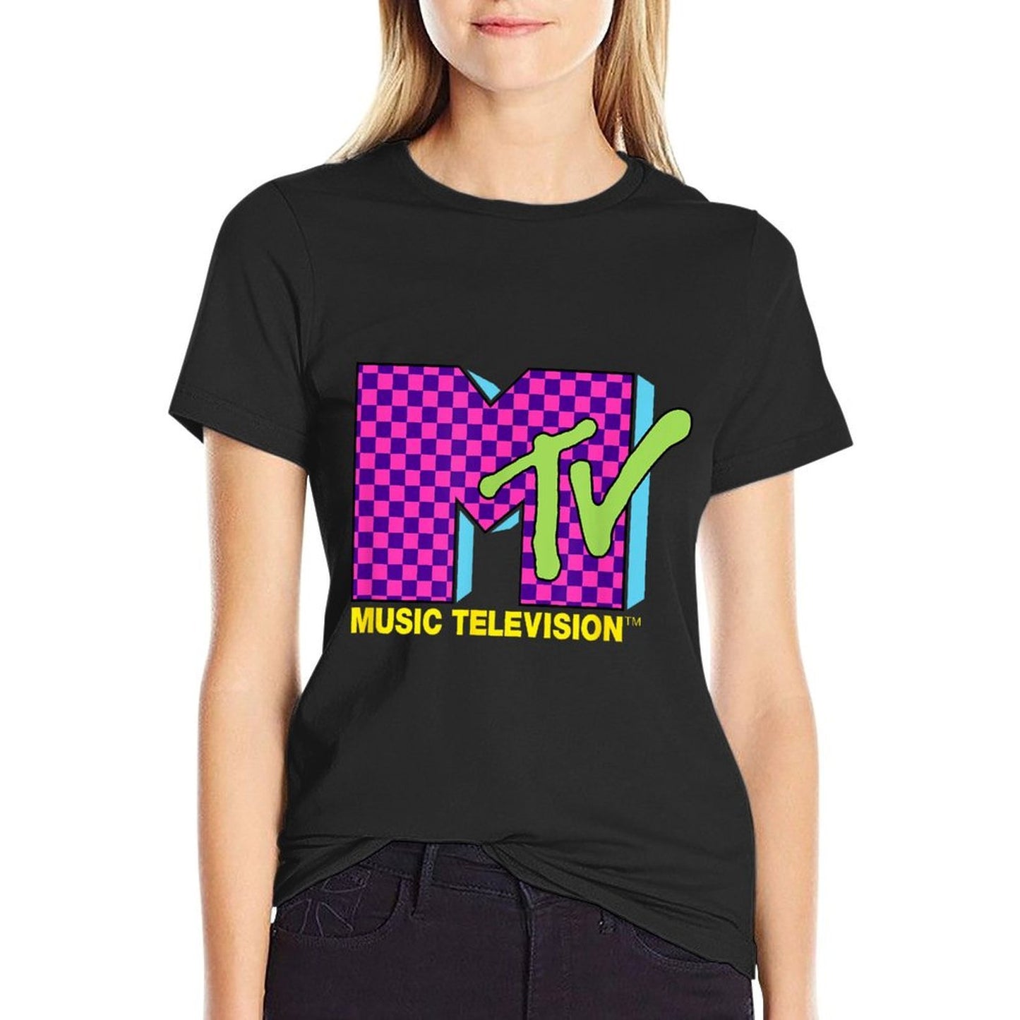 MTV Music Television Retro 80's Neon Pink Checkerboard Logo Breathable T-Shirt