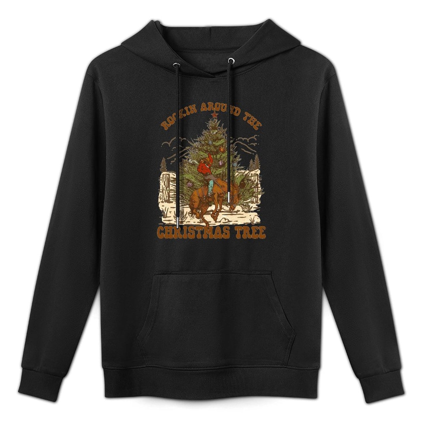 Rockin Around Christmas Cowboy Tree Santa Ride Horse Pajama Sweatshirt Customizable Surface Hoodie
