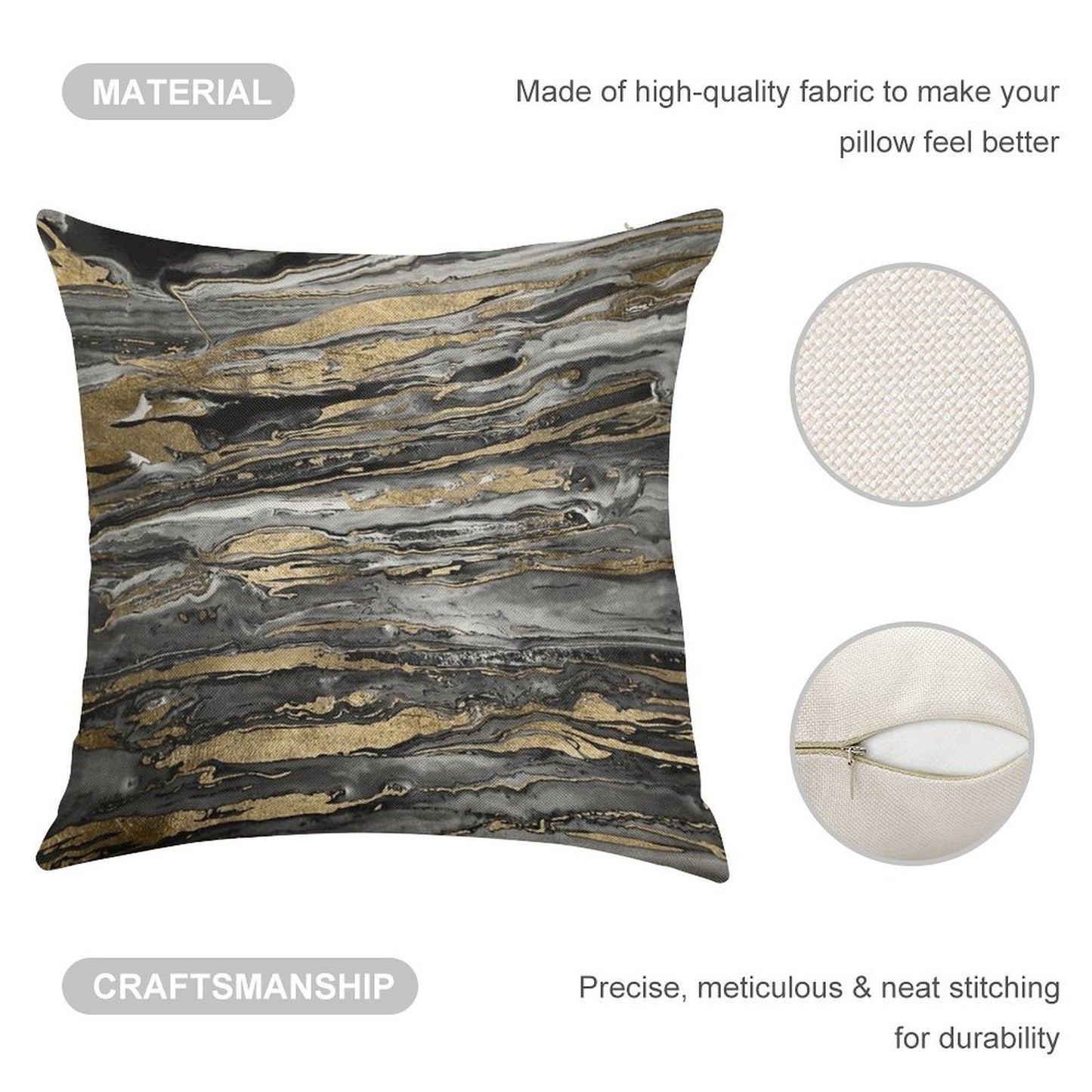 Stylish Grey Gold Abstract Marble Linen Throw Pillow Cover