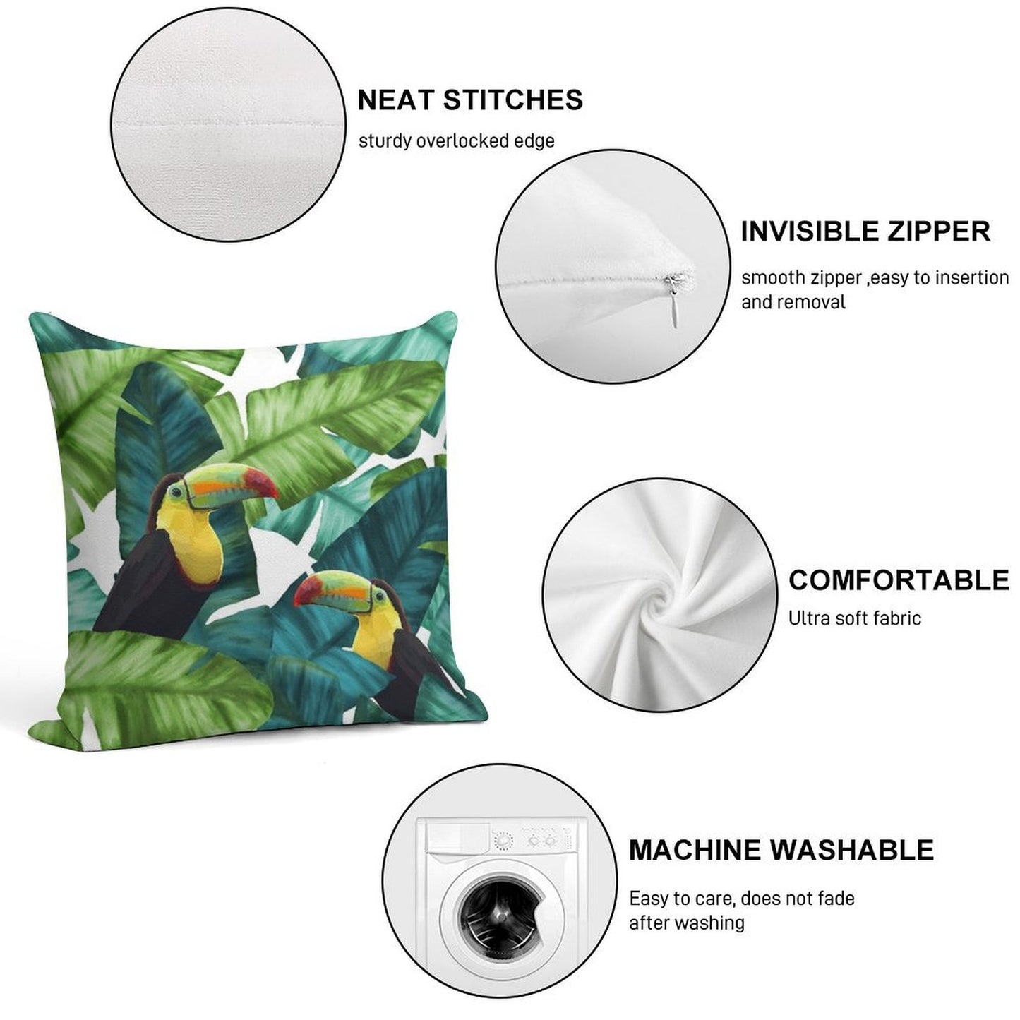 Toucans Tropical Banana Leaves Pattern Soft Anti-Pilling Throw Pillow
