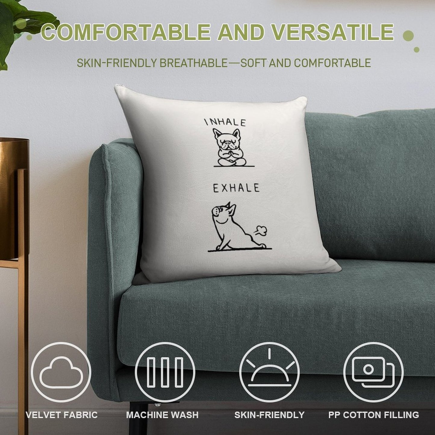 Inhale Exhale Frenchie Soft Reinforced Edging Throw Pillow
