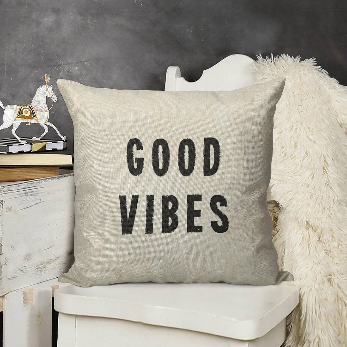 Grungy Distressed Ink Good Vibes  Black on Off-White Linen Throw Pillow Cover